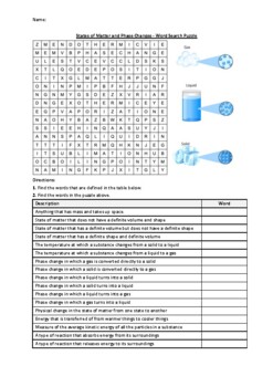 Preview of States of Matter and Phase Changes - Word Search Puzzle Worksheet (Printables)