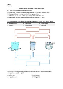 Preview of States of Matter and Phase Changes - Quiz (Printable)