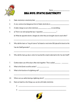 static electricity bill nye video worksheet by creative science tpt