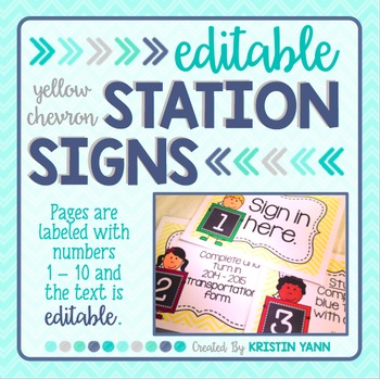 Preview of Station Signs or Center Task Cards, Yellow Chevron (EDITABLE)