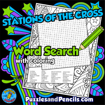 Preview of Stations of the Cross Word Search Puzzle with Coloring | Easter Wordsearch