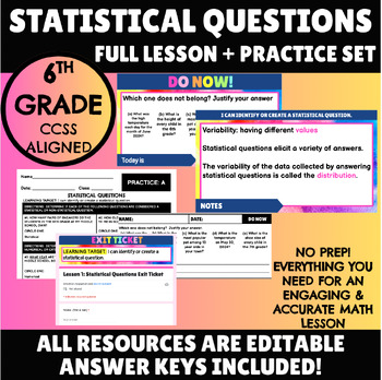Preview of Statistical Questions Lesson - No Prep! Lesson materials + Practice Set