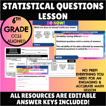 Preview of Statistical Questions Lesson - No Prep! (slides, guided notes, exit ticket, HW)