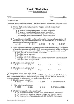 Preview of Statistics Multiple Choice Quiz: Confidence Interval