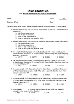 Preview of Statistics Multiple Choice Quiz: Normal Distribution and Central Limit Theorem