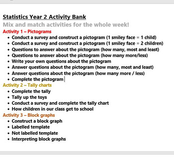 Preview of Statistics Pictograms Charts Graphs Year 2 Activity Bank (Differentiated)