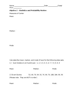 Preview of Statistics Review - Measures of Center, Box Plots, Trendlines