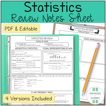 Preview of Statistics Review Notes Sheet Algebra 1 Test Prep