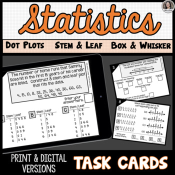 Preview of Statistics: Steam and Leaf Plots, Dot Plots, Box and Whisker Plots Task Cards