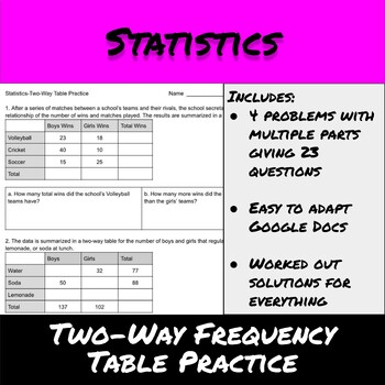 Preview of Statistics-Two-Way Frequency Table Practice