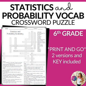 Preview of Statistics and Probability Vocabulary Math Crossword Puzzle 6th Grade