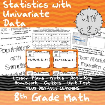 Preview of Statistics with Univariate Data - Unit 2 - 8th Grade + Distance Learning