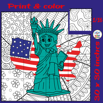 Preview of Statue of Liberty & American Flag Collaborative Coloring Poster Bulletin Board