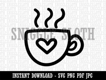 Steaming Hot Coffee Mug Cup with Heart B&W Clipart Digital Download SVG ...