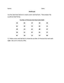 Preview of Stem and Leaf Plot Data Quiz