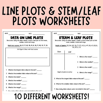 Preview of Stem and Leaf and Line Plots| Data | Mean | Median | Mode | Range | Worksheets