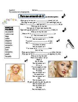 Preview of Stem-changing verbs review. "Pero me acuerdo de ti" song by Christina Aguilera.