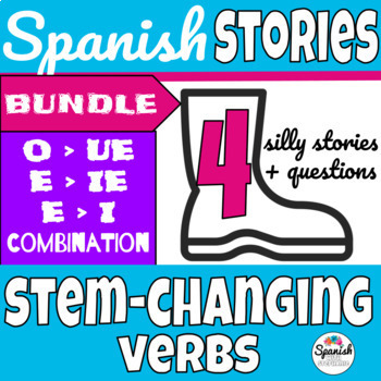 Preview of Stem changing verbs reading comprehension & stories in Spanish bundle + slides