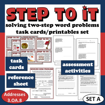Preview of Step To It! solving two-step word problems task cards & printables (set a)