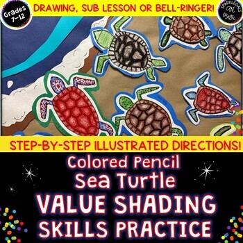 Preview of Value Shading Art Activity-Colored Pencil Drawing Turtles-Middle School 2D Art