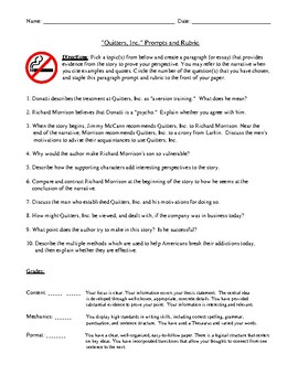 Preview of Stephen King's "Quitters, Inc.": Writing Prompts with Rubric Included