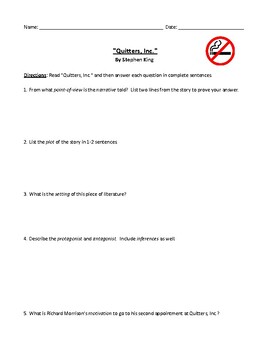 Preview of Stephen King: "Quitters, Inc." Assessment, Worksheet, or Homework and Answer Key