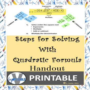 Preview of Steps For Solving With Quadratic Formula Handout