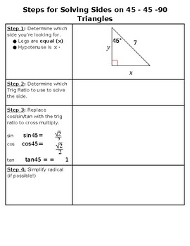 Preview of Steps for Solving Sides on 45 - 45 -90 Triangles Graphic Organizer