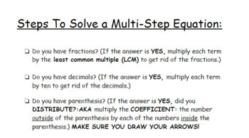 Preview of Steps to Solve a Multi-Step Equation