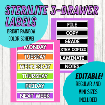 Preview of Sterilite 3-Drawer Labels - Regular and Mini Size | Bright Rainbow | EDITABLE
