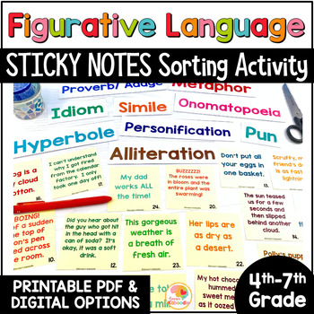 Preview of Figurative Language Sort with Sticky Notes: Over 200 Sorting Notes