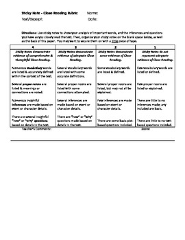 Preview of Sticky Note - Close Reading Rubric