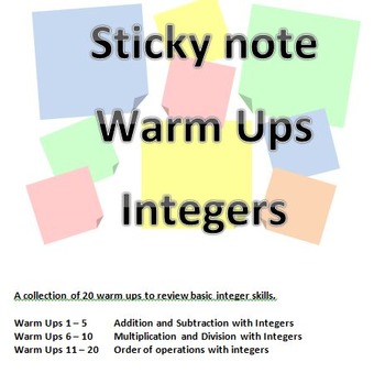 Preview of Sticky Note Warm Up -Integers