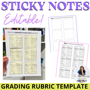 Preview of Sticky Notes Post It Grading Rubric Editable Template for Class Work Assignments