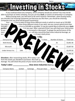 Preview of Stock Market Activity Worksheet