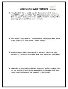 Preview of Stock Market Reflection Questions and Word Problems