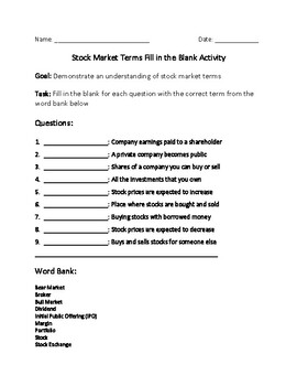 Preview of Stock Market Terms Fill in the Blank Activity