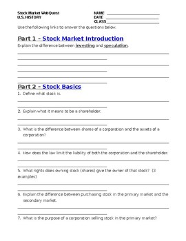 Preview of Stock Market WebQuest