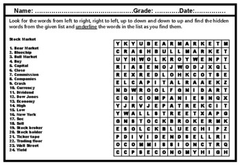 Preview of Stock Market, Word Search Worksheet