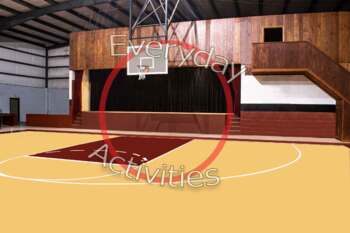 Preview of Stock Photo of Gymnasium With Stage and Basketball Goal - School Interior Series