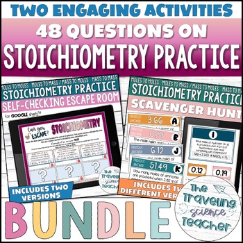 Preview of Stoichiometry Calculation Practice Activities | Mass & Moles Word Problem BUNDLE
