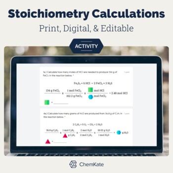 Preview of Stoichiometry Calculations Chemistry - Print, Digital, and Editable Worksheet
