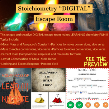 Preview of Stoichiometry Chemistry DIGITAL Escape Room Activity (online or classroom)