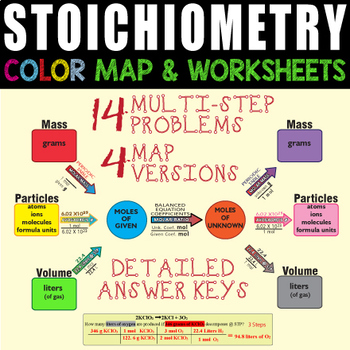 Preview of Stoichiometry Color Map & 2 Worksheets ~GREAT LEARNING TOOL~ Editable