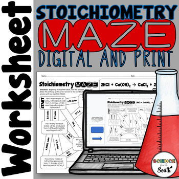 Preview of Stoichiometry Maze Worksheet Activity with Mole & Mass Problems Print & Digital