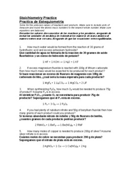 Preview of Stoichiometry Practice ESL Version: Spanish