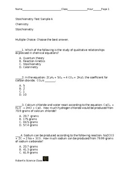 Preview of Stoichiometry Sample Test A