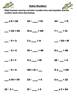 Preview of Stolen Numbers: missing factors, dividends, addends, and subtrahends