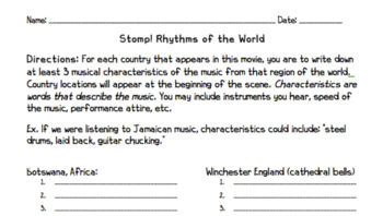 Preview of Stomp! Rhythms of the World Video Worksheet