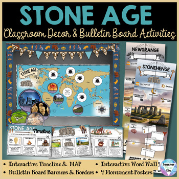 Preview of Stone Age Classroom Decor Activity BUNDLE - Timeline, Map, Posters, Bulletin B..
